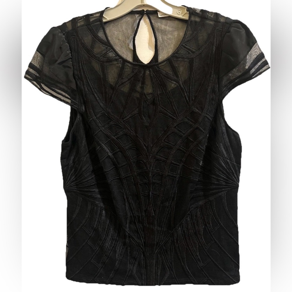 Karen Millen Black Lace Yoke Keyhole Back Blouse Size 10